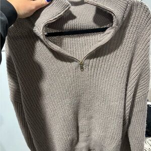 SHEIN Taupe Ribbed Quarter-Zip Turtleneck Sweater